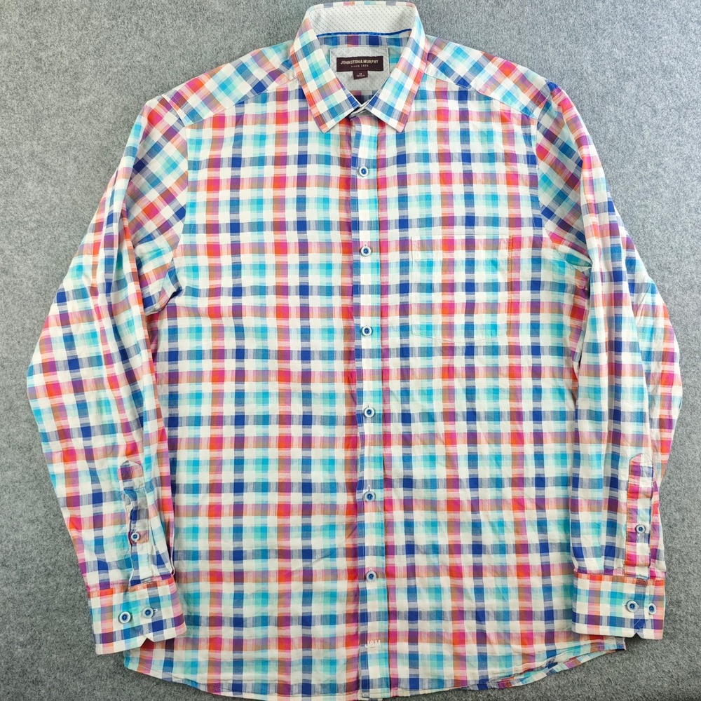 Johnston & Murphy Mens Medium Blue Pink Orange Check Button Up Long Sleeve Shirt